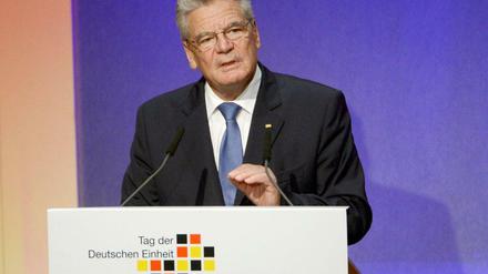 Bundespräsident Joachim Gauck während seiner Rede auf dem Festakt zum Tag der deutschen Einheit in Stuttgart.