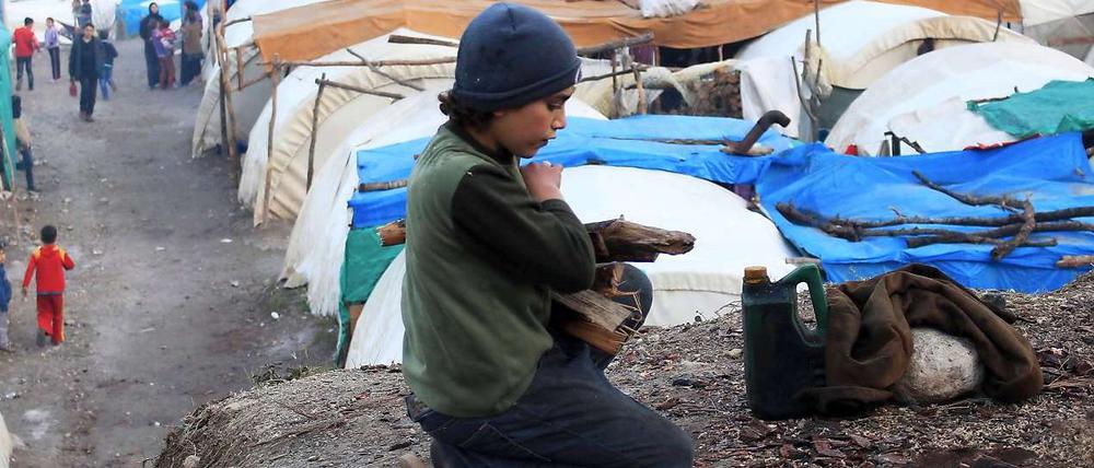 Ärmliche Bedingungen: Ein syrisches Kind in einem türkischen Flüchtlingslager sammelt Holz, um die behelfsmäßigen Unterkünfte zu heizen.