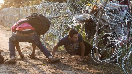 Flüchtlinge passieren den Grenzzaun zwischen Serbien und Ungarn.