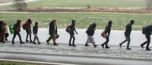 Flüchtlinge gehen am 21.11.2015 an der deutsch-österreichischen Grenze nahe Wegscheid (Bayern) während eines Schneeschauers nach Deutschland.