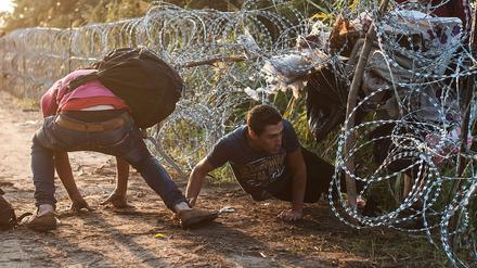 Flüchtlinge passieren den Grenzzaun an der serbisch-ungarischen Grenze. 