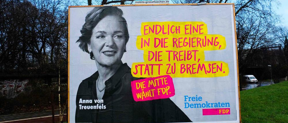 Ein Wahlplakat mit der FDP-Spitzenkandidatin Anna von Treuenfels in Hamburg.
