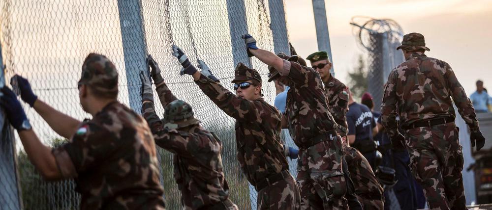 Eingezäunt. Ungarische Soldaten errichten 2015 an der Grenze zwischen Serbien und Ungarn einen Zaun. 