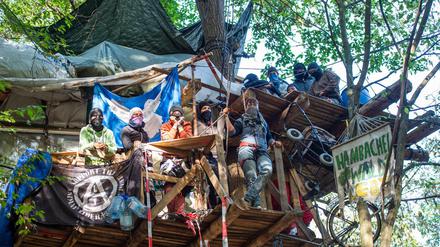 Aktivisten stehen im Hambacher Forst auf einem Baumhaus.