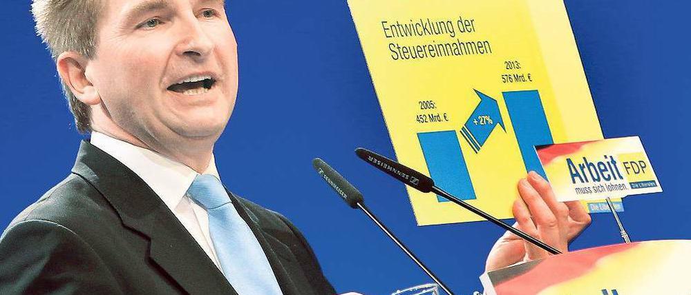 Heikles Thema. FDP-Landeschef Andreas Pinkwart nähert sich in seiner Rede auf dem Kölner Parteitag mithilfe von Schautafeln der Steuerfrage. 
