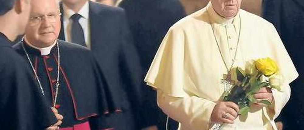 Rosen in den Farben des Vatikans für einen, der Armut predigte und lebte. Papst Franziskus in der Grabkirche des heiligten Franziskus in Assisi, begleitet von Kardinälen. Foto: dpa