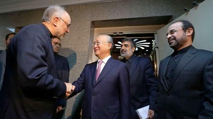 Ali Akbar Salehi (links), der Chef der iranischen Atombehörde und der Generaldirektor der Internationalen Atomenergiebehörde, Yukiya Amano.