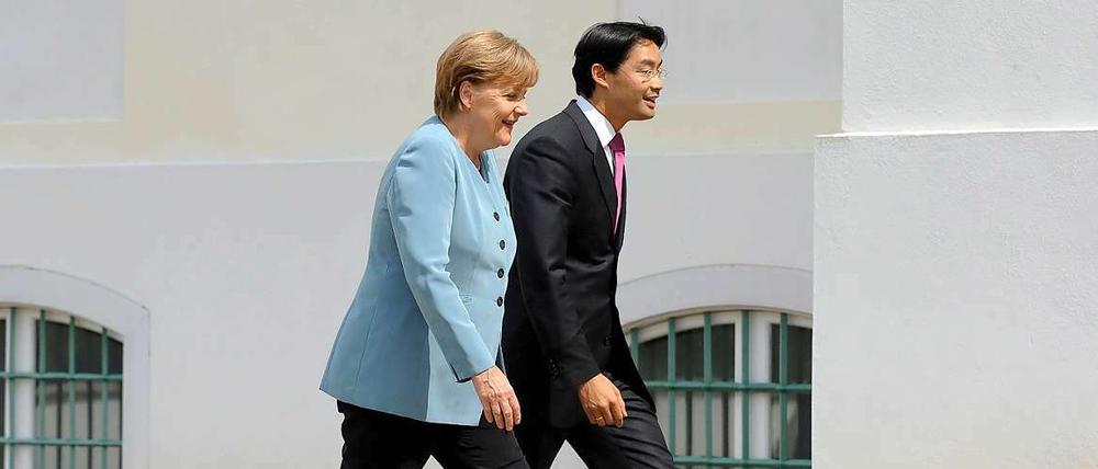 Eintracht? Bundeskanzlerin Angela Merkel (CDU) und Bundeswirtschaftsminister Philipp Roesler (FDP) demonstrieren Zusammenhalt.