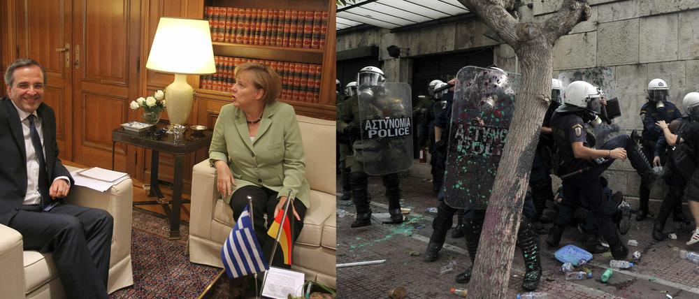 Merkel berät sich mit Regierungschef Samaras - während draußen die Situation zunehmend brenzliger wird.