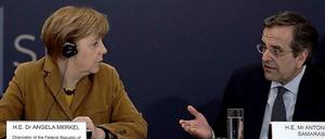 Kanzlerin Merkel zu Besuch in Athen. Bei einer Veranstaltung mit jungen Gründern wird sie begleitet von Premier Samaras.