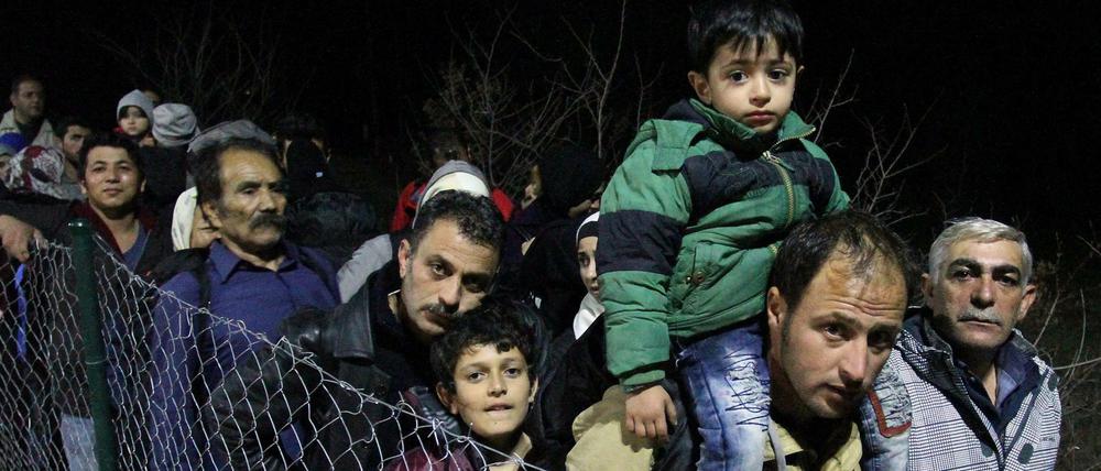 Migranten aus Syrien, dem Irak und Afghanistan an der Grenze zwischen Mazedonien und Serbien. 