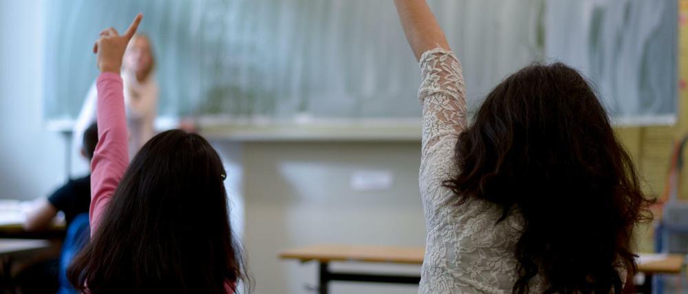 Lernen für das Leben in der neuen Heimat. Flüchtlingsmädchen während des Unterrichts in der Sprachlernklasse in der Peter-Ustinov-Schule in Hannover. 