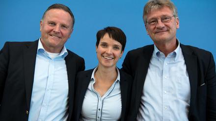 Die AfD-Bundesvorsitzenden, Frauke Petry (M) und Jörg Meuthen (r), posieren zusammen mit dem Berliner AfD-Spitzenkandidaten, Georg Pazderski (l) einen Tag nach der Berlin-Wahl.