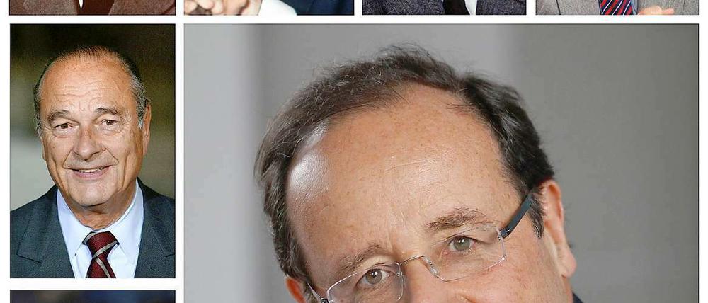 Der siebte Präsident. Francois Hollande (großes Bild) ist nach Francois Mitterrand (oben rechts) erst der zweite sozialistische Präsident. Oben links nach unten rechts: Charles de Gaulle, Georges Pompidou, Valéry Giscard d'Estaing, Mitterrand, Jacques Chirac, Nicolas Sarkozy. 