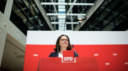 SPD-Chefin Andrea Nahles bei einer Pressekonferenz im Willy-Brandt-Haus-