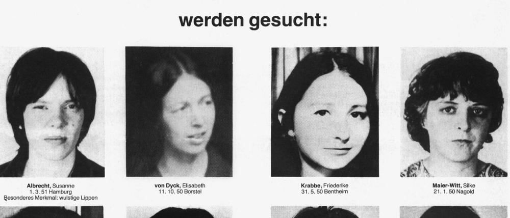 Fahndungsaufruf aus den 1970er Jahren mit Foto von Silke Maier-Witt (oben rechts) 
