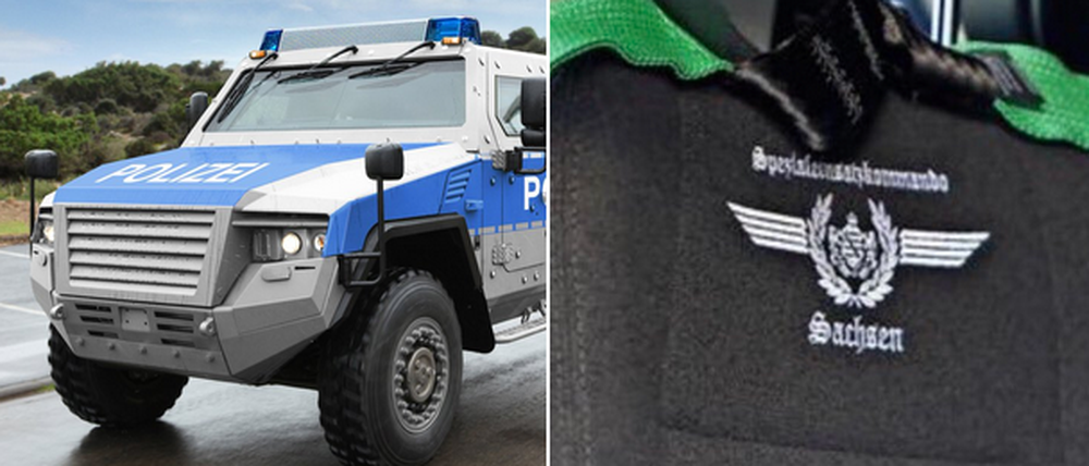 Das neue Panzerfahrzeug der sächsischen Polizei mit der umstrittenen Bestickung auf den Sitzen. 