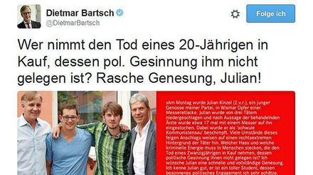 Die Linke ging zunächst von einem Mordanschlag gegen ihren Nachwuchspolitiker aus. Nun sieht es danach aus, als ob er die Messerattacke nur erfunden hat. Linksfraktionschef Dietmar Bartsch hat seinen Tweet inzwischen gelöscht.