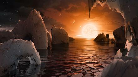 So künstlerisch wirbt die Nasa für ihre neueste Entdeckung, den Exoplaneten Trappist-1f in unserer kosmischen Nachbarschaft.