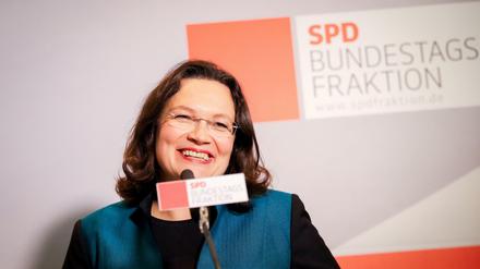 Andrea Nahles, neue Vorsitzende der SPD-Bundestagsfraktion, spricht am Mittwoch im Bundestag nach ihrer Wahl zu Journalisten.