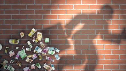 Eine Illustration zum Thema Steuervergehen mit den Schattenumrissen einer flüchtenden Person auf einer Wand.