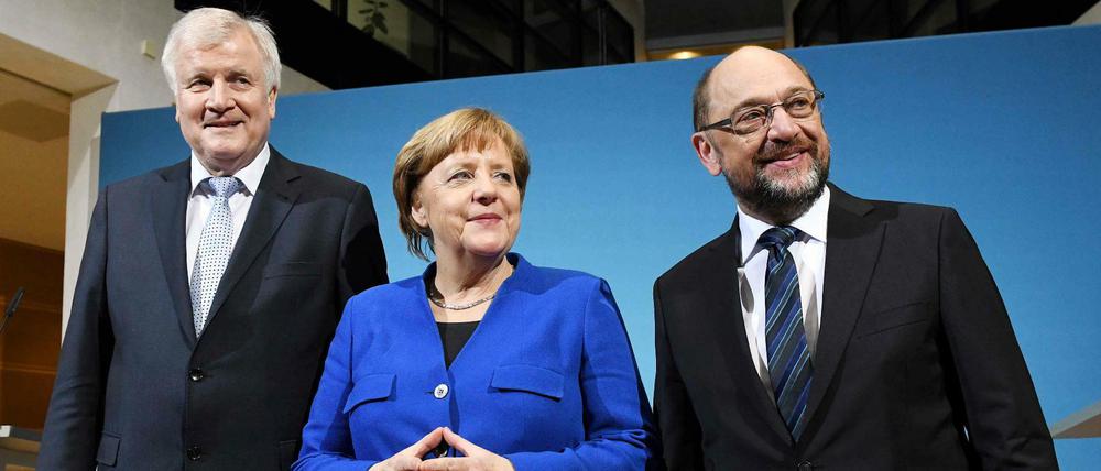 Kanzlerin Angela Merkel, CSU-Chef Horst Seehofer (l.) und SPD-Chef Martin Schulz.