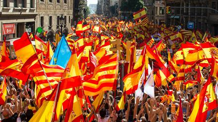 Tausende Menschen protestieren mit katalonischen und spanischen Fahnen am Sonntag in Barcelona.