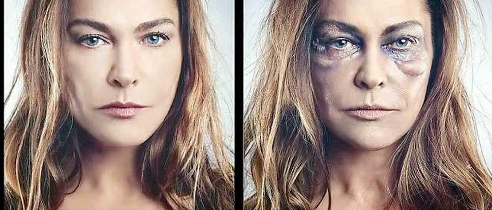 Vorher und nachher. Die Schauspielerin Hülya Avsar in ihrer gewohnten Erscheinung und in der Rolle einer vom Ex-Mann geprügelten Frau.