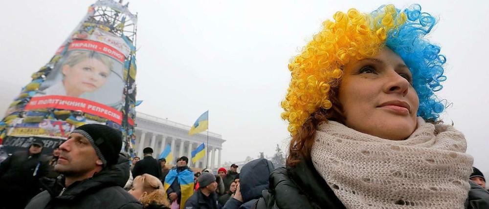 Blick nach Westen. Demonstranten gehen in Kiew für die Anbindung an die Europäische Union auf die Straße.