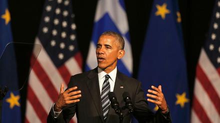 Der scheidende US-Präsident Barack Obama bei seiner Rede im Stavros Niarchos Kulturzentrum in Athen. 