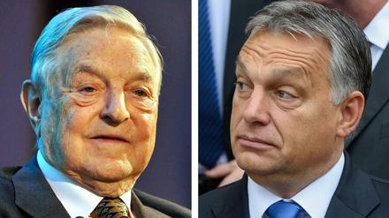 Eine Bildkombo zeigt den US-Milliardär George Soros (l, am 12.06.2013 in Budapest, Ungarn) und den ungarischen Ministerpräsidenten Viktor Orban (am 23.09.2015 in Staffelstein, Deutschland).  