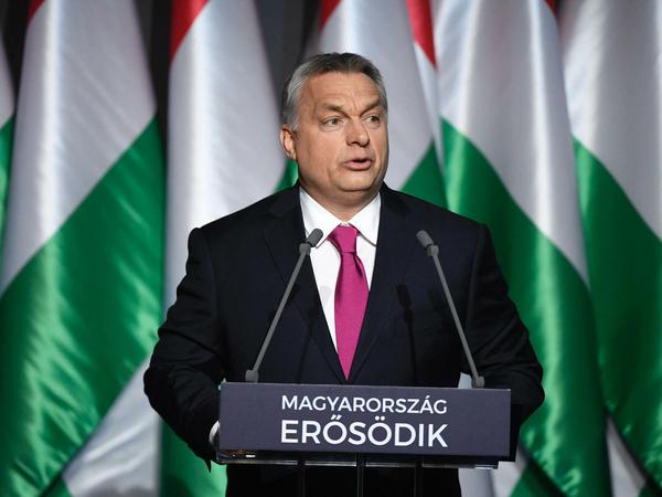 Ungarns Ministerpräsident Viktor Orban hält am 10.02.2017 im Burggarten-Basar in Budapest, Ungarn, seine jährliche Rede zur Lage der Nation.