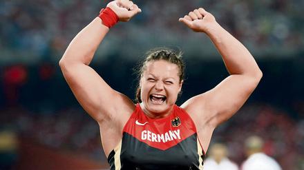 Christina Schwanitz nach dem Sieg der Weltmeisterschaft in Peking.
