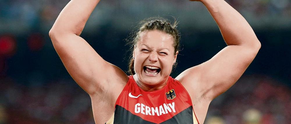 Christina Schwanitz nach dem Sieg der Weltmeisterschaft in Peking.