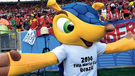 Seltener Auftritt. Das WM-Maskottchen Fuleco ist überraschend wenig präsent. Foto: AFP