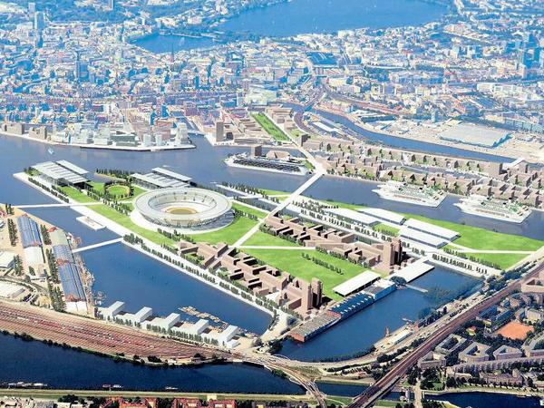 Wer wird Hafenmeister? Eine Computeranimation zeigt das Olympiastadion und das geplante Olympiagelände auf dem Kleinen Grasbrook im Hafen von Hamburg.