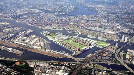 Olympische Insel. Die Stadt Hamburg will ihre Bauvorhaben auf dem Kleinen Grasbrook nur bei einer Zusage des IOC umsetzen. Animation: dpa.