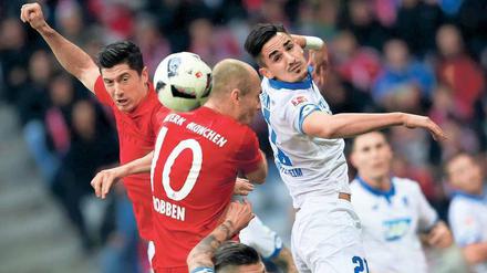 Auf Orientierungssuche. Robert Lewandowski (l.) und Arjen Robben (M.) hatten gegen Hoffenheim nicht immer das richtig Gespür für den Ball. 