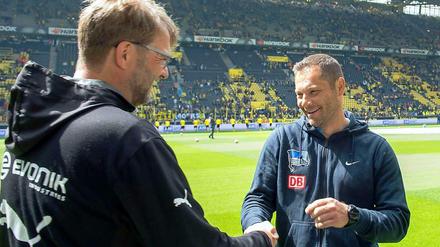Freuen sich bereits auf die gemeinsame Bastelstunde nach dem Spiel: Hertha-Trainer Pal Dardai (r.) und BVB-Coach Jürgen Klopp.