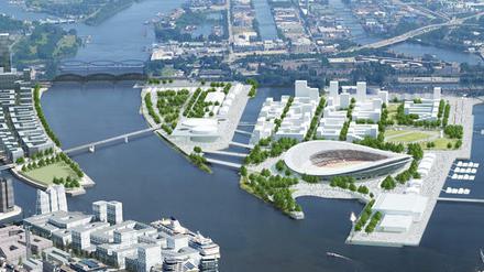 Die Visualisierung zeigt das geplante Olympiastadion auf dem Kleinen Grasbrook für die Olympischen Spiele 2024 in Hamburg. 