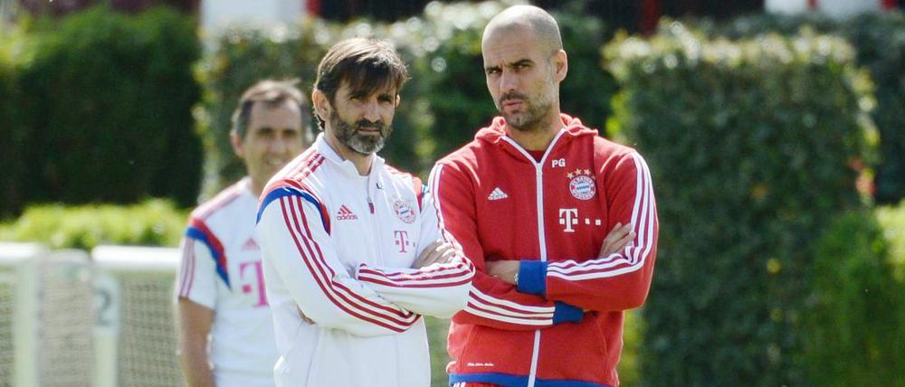Kurzzeitig zurück im Bundesliga-Alltag: Pep Guardiola (r.) beim Training des FC Bayern.