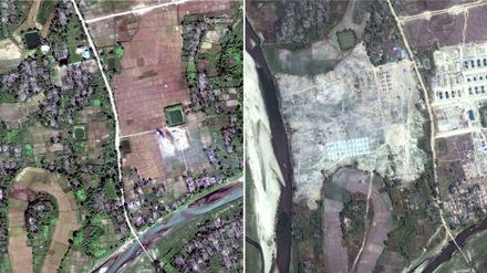 Satellitenbilder des Dorfes Thit Tone Nar Gwa Son, zeigen, dass Rohingya Dörfer von den Behörden ausradiert worden sind. 