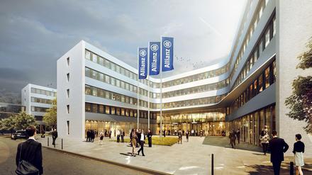 Entwurf für die Gebäude des neuen Standortes des Versicherungskonzerns Allianz in Berlin-Adlershof. Am 11. September 2017 ist Richtfestest, Anfang 2019 soll es bezugsfertig sein.