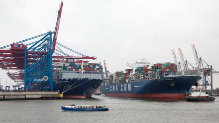 Containerschiffe sind am Containerterminal Burchardkai (CTB,l), und Eurogate (r) im Hamburger Hafen zu sehen. 