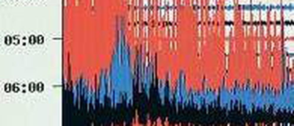 Starker Ausschlag. Auf der Internetseite der Erdbebenstation Bensberg der Uni Köln ist am Freitag eine seismologische Kurve des Erdbebens in Japan zu sehen. 