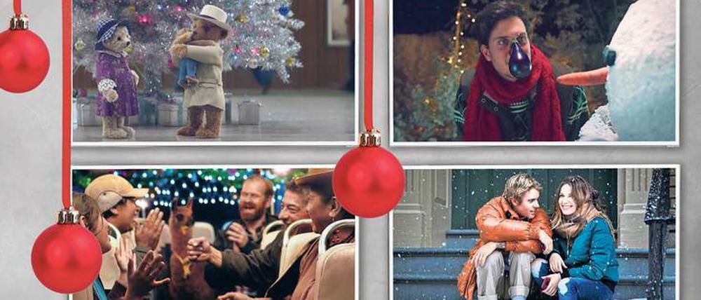 In der diesjährigen Weihnachtswerbung lässt der Flughafen Heathrow zwei Stoffbären verreisen (von oben links im Uhrzeigersinn). Tedi fragt, warum der Schneemann nie eine Aubergine als Nase hat, die Telekom flirtet mit Justin Bieber und Otto feiert Weihnachten in einem Bus in Bolivien.