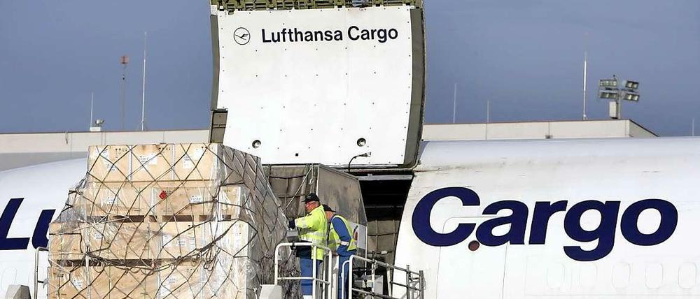 Mitarbeiter von Lufthansa Cargo beladen auf dem Flughafen in Frankfurt eine Frachtmaschine.