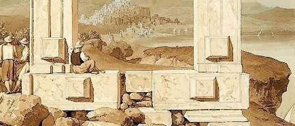Bauruine. Ein Tempeltor) auf Naxos. Aquarell von Thomas Hope (1769-1831).