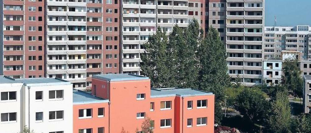 Ein zurückgebauter Wohnblock der „Ahrensfelder Terrassen“ in Marzahn. Im Bild aus dem Jahr 2004 sind hinten noch die ursprünglich elfgeschossigen Plattenbauten erkennbar. Von rund 1600 Wohnungen blieben nur 400 übrig – so wurde der Stadtteil aufgewertet.