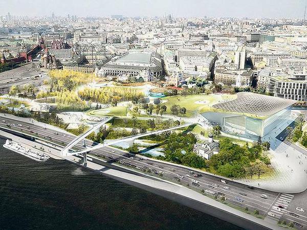 Der neue Zaryadye-Park (zwischen Varvarkastraße und der Bolshoy-Moskvoretsky-Brücke) soll im Herbst eröffnet werden.
